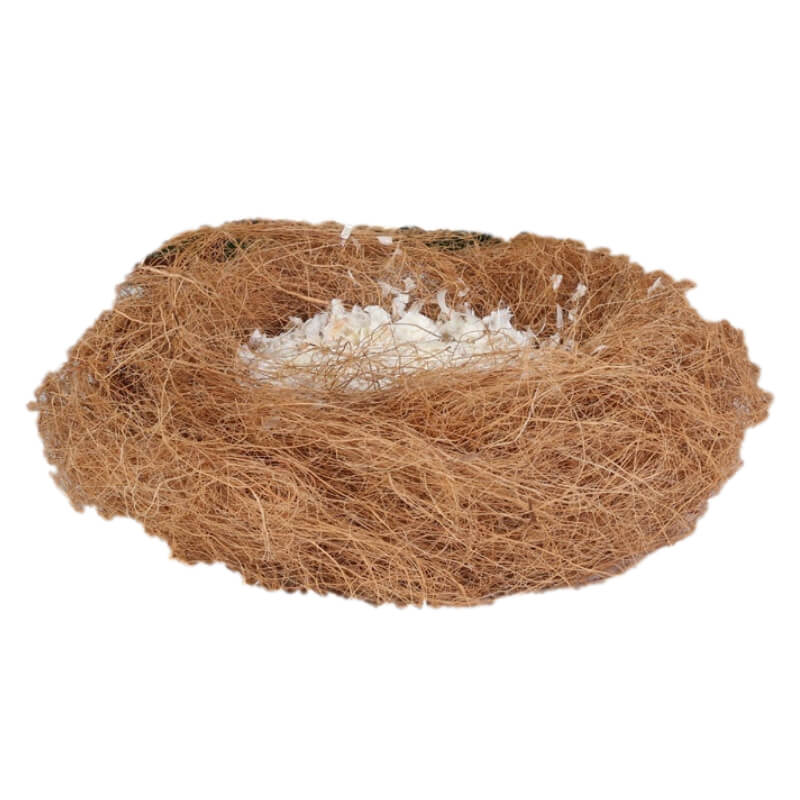 Nid Pour Les Oiseaux en poils de coco avec des plumes dedans