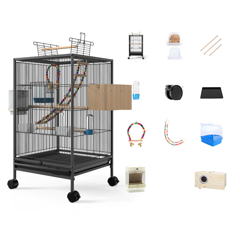 Cage sur pied pour oiseaux noire avec 10 accessoires