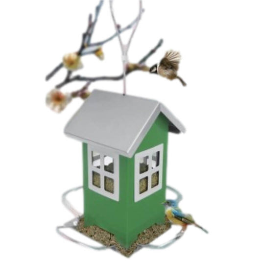 Mangeoire Oiseaux Du Jardin en forme de cabane verte avec des graines dedans