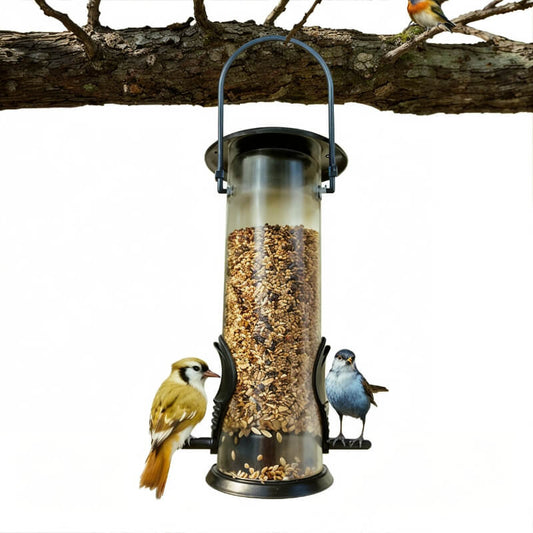 Mangeoire Silo Pour Oiseaux remplie de graines avec 2 oiseaux sur les 2 pieds