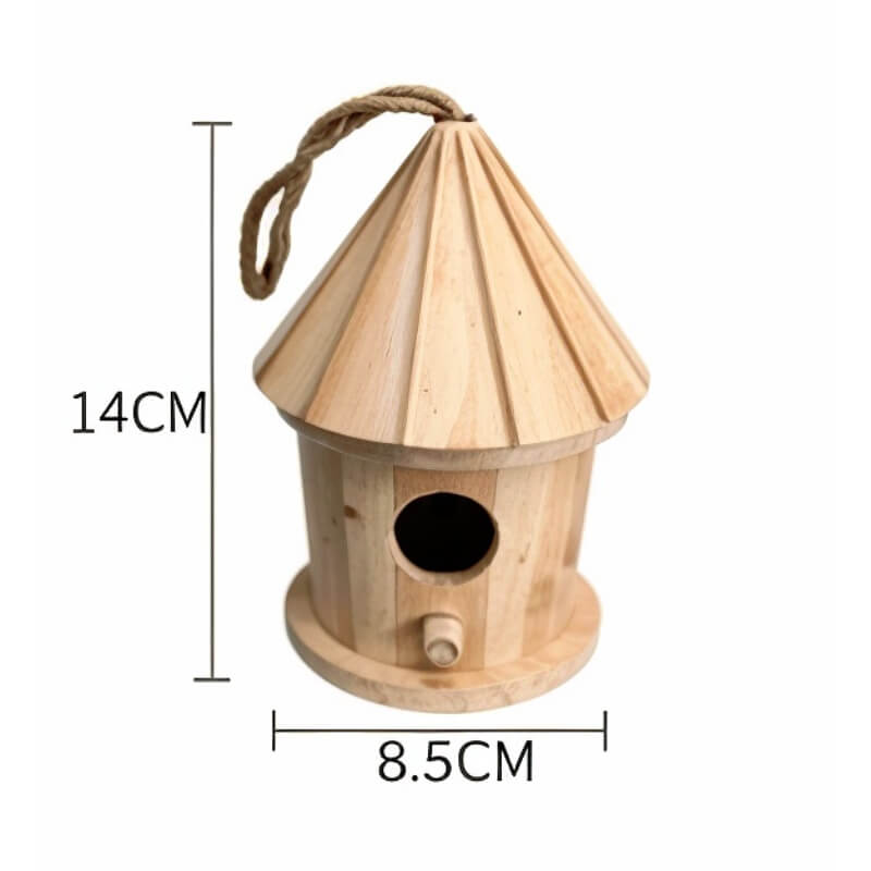 Nichoir En Bois Pour Oiseaux en forme de chapiteau avec dimensions 8,5 x 8,5 x 14 cm